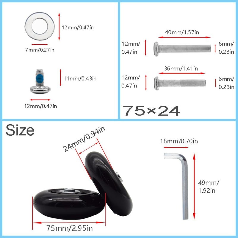 Ruidee 4 Pcs Luggage Suitcase Replacement Wheels 75x24mm Wear-Resistant Luggage Wheels Rubber Rotating Wheel Low Noise for Trolley Travel Case Carry-on Roller Bag (SXL/75x24mm) - Image 2
